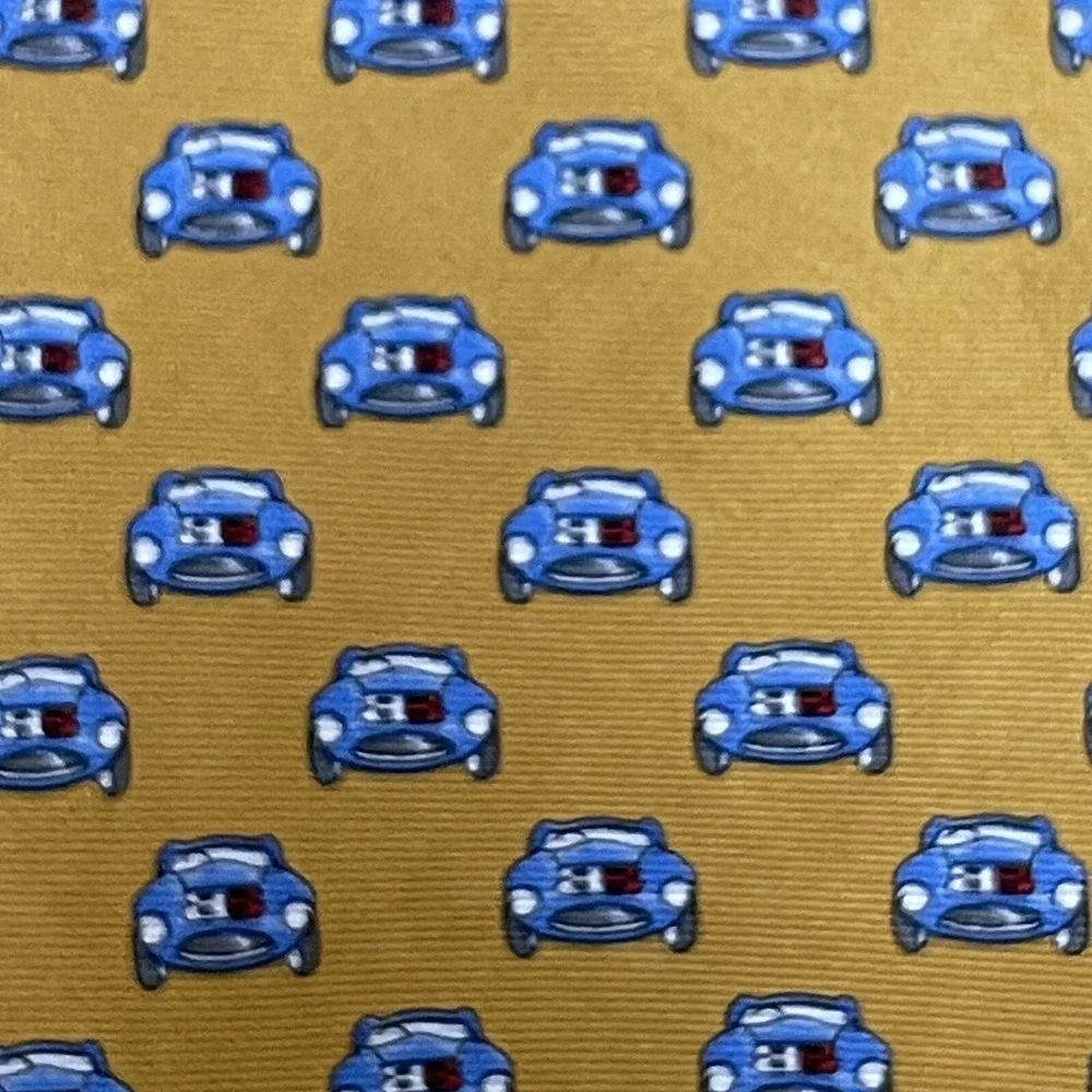 Brooks Brothers Makers Necktie Gold Blue Car Motif All‎ Over Print 3.75